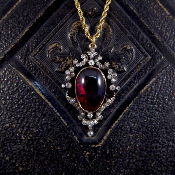 Victorian Antique Cabochon Garnet and Diamond Pendant and Chain WA