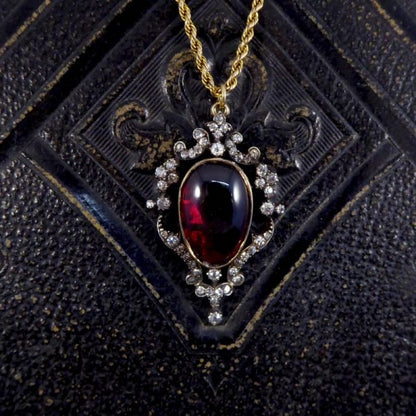 Victorian Antique Cabochon Garnet and Diamond Pendant and Chain WA