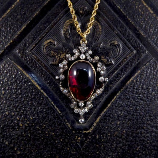 Victorian Antique Cabochon Garnet and Diamond Pendant and Chain WA