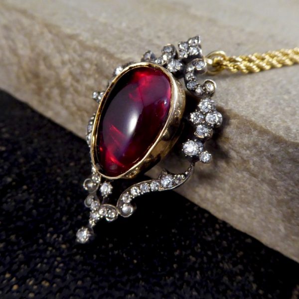 Victorian Antique Cabochon Garnet and Diamond Pendant and Chain WA