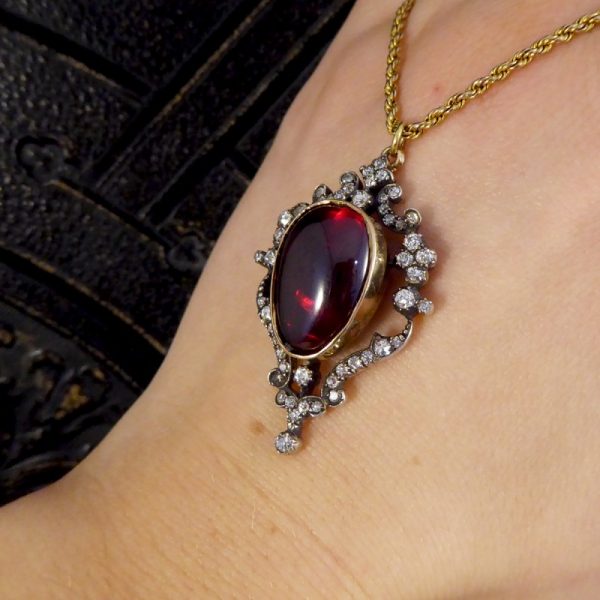 Victorian Antique Cabochon Garnet and Diamond Pendant and Chain WA