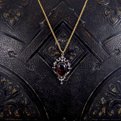 Victorian Antique Cabochon Garnet and Diamond Pendant and Chain WA