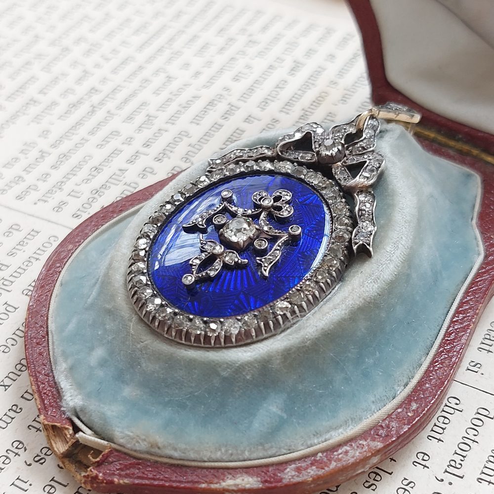 Victorian Antique Diamond and Blue Enamel Pendant Locket