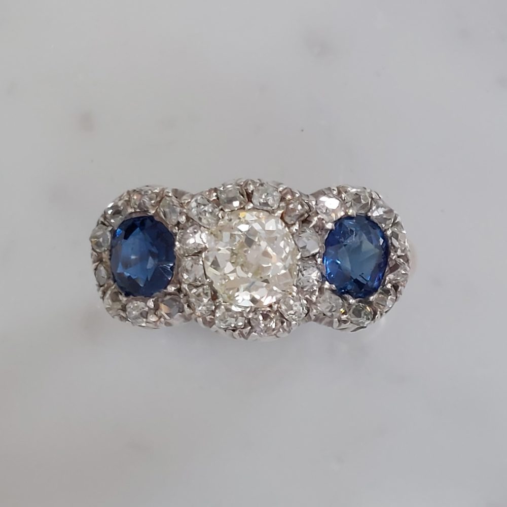 Victorian Antique Diamond and Sapphire Triple Cluster Ring