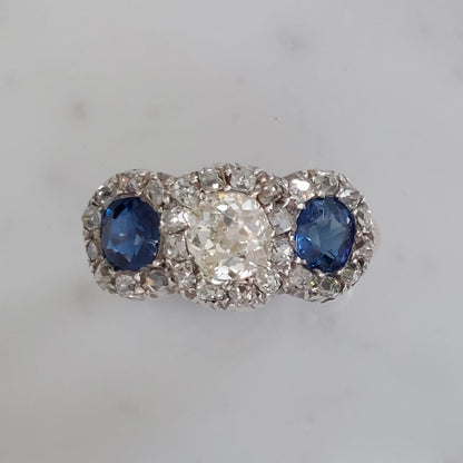 Victorian Antique Diamond and Sapphire Triple Cluster Ring