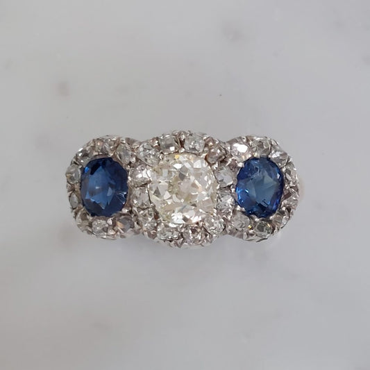 Victorian Antique Diamond and Sapphire Triple Cluster Ring