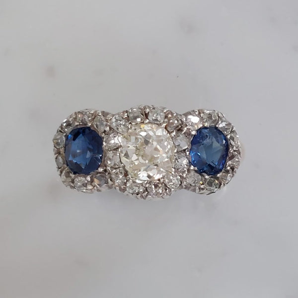 Victorian Antique Diamond and Sapphire Triple Cluster Ring