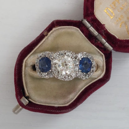 Victorian Antique Diamond and Sapphire Triple Cluster Ring