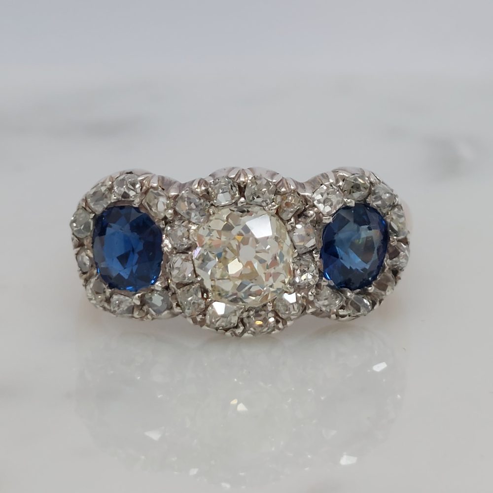 Victorian Antique Diamond and Sapphire Triple Cluster Ring
