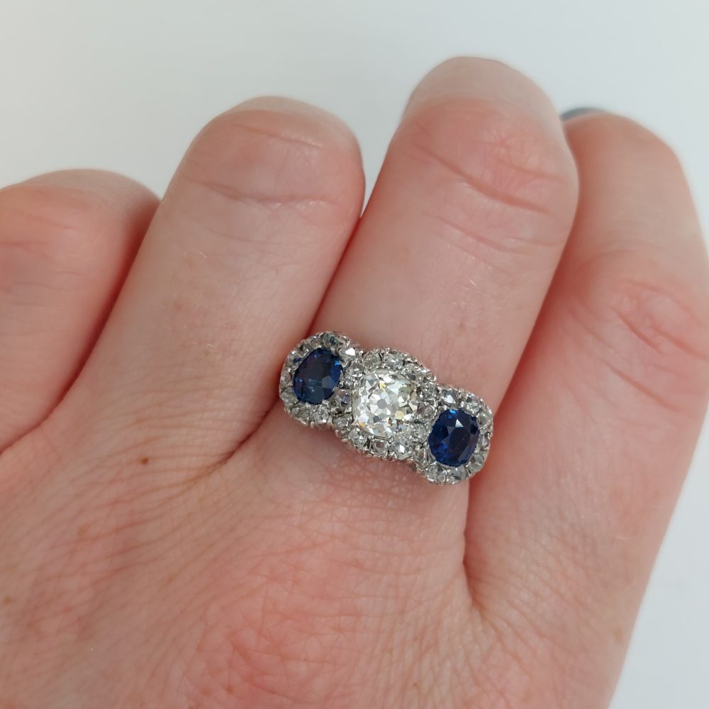 Victorian Antique Diamond and Sapphire Triple Cluster Ring
