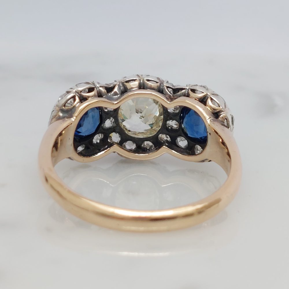 Victorian Antique Diamond and Sapphire Triple Cluster Ring