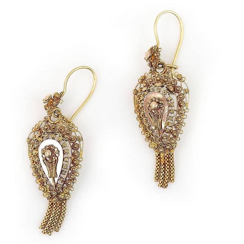 Victorian Antique Dutch 14ct Yellow Gold Filigree and Cannetille Tassel Drop Earrings