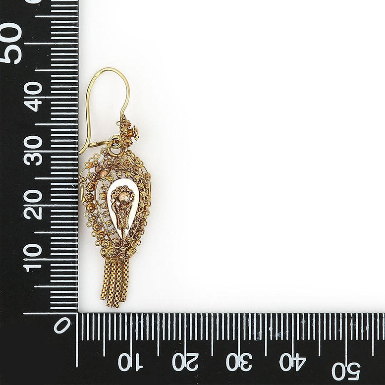 Victorian Antique Dutch 14ct Yellow Gold Filigree and Cannetille Tassel Drop Earrings