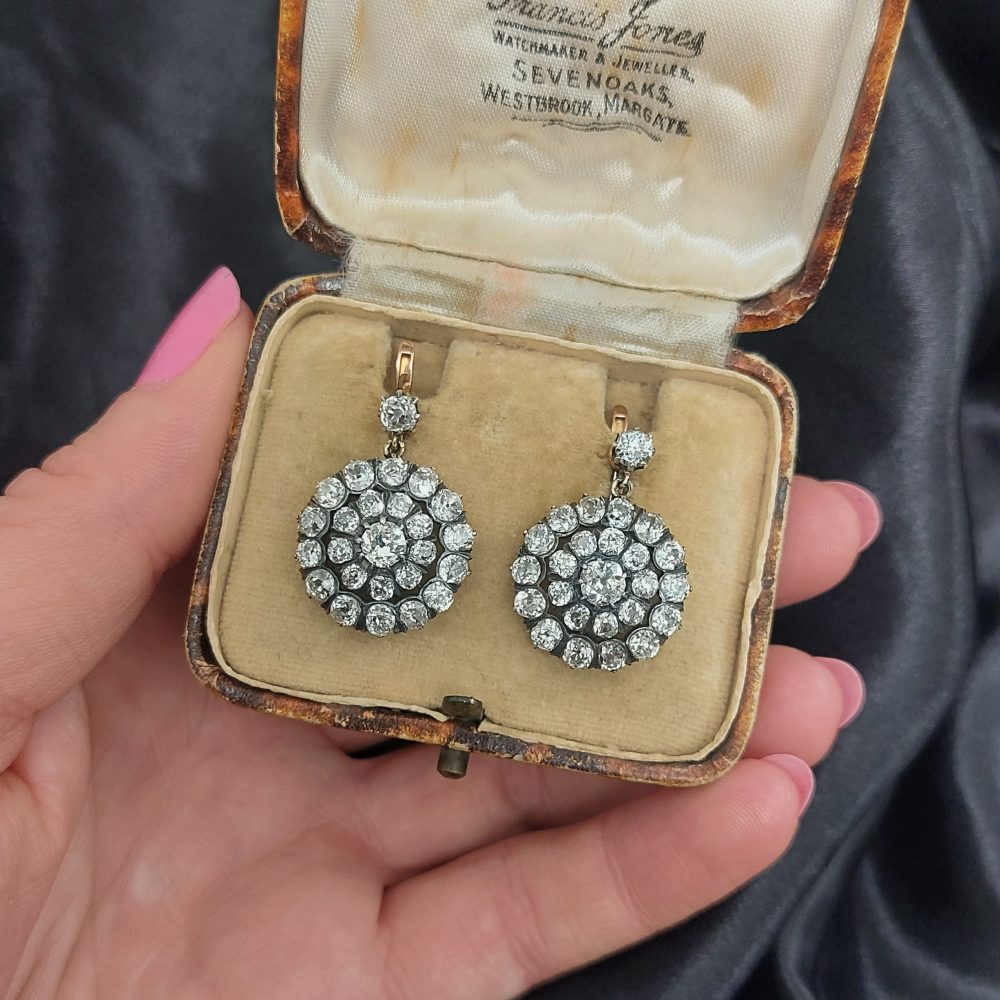 Victorian Antique Old Cut Diamond Cluster Drop Earrings