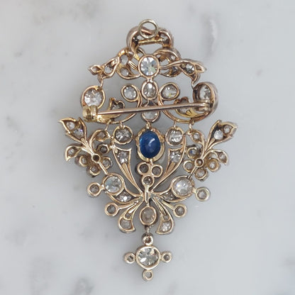Victorian Antique Old Cut Diamond and Sapphire Brooch Pendant, 8cts