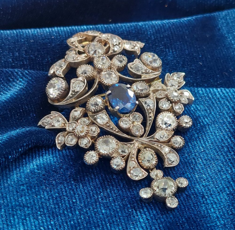 Victorian Antique Old Cut Diamond and Sapphire Brooch Pendant, 8cts