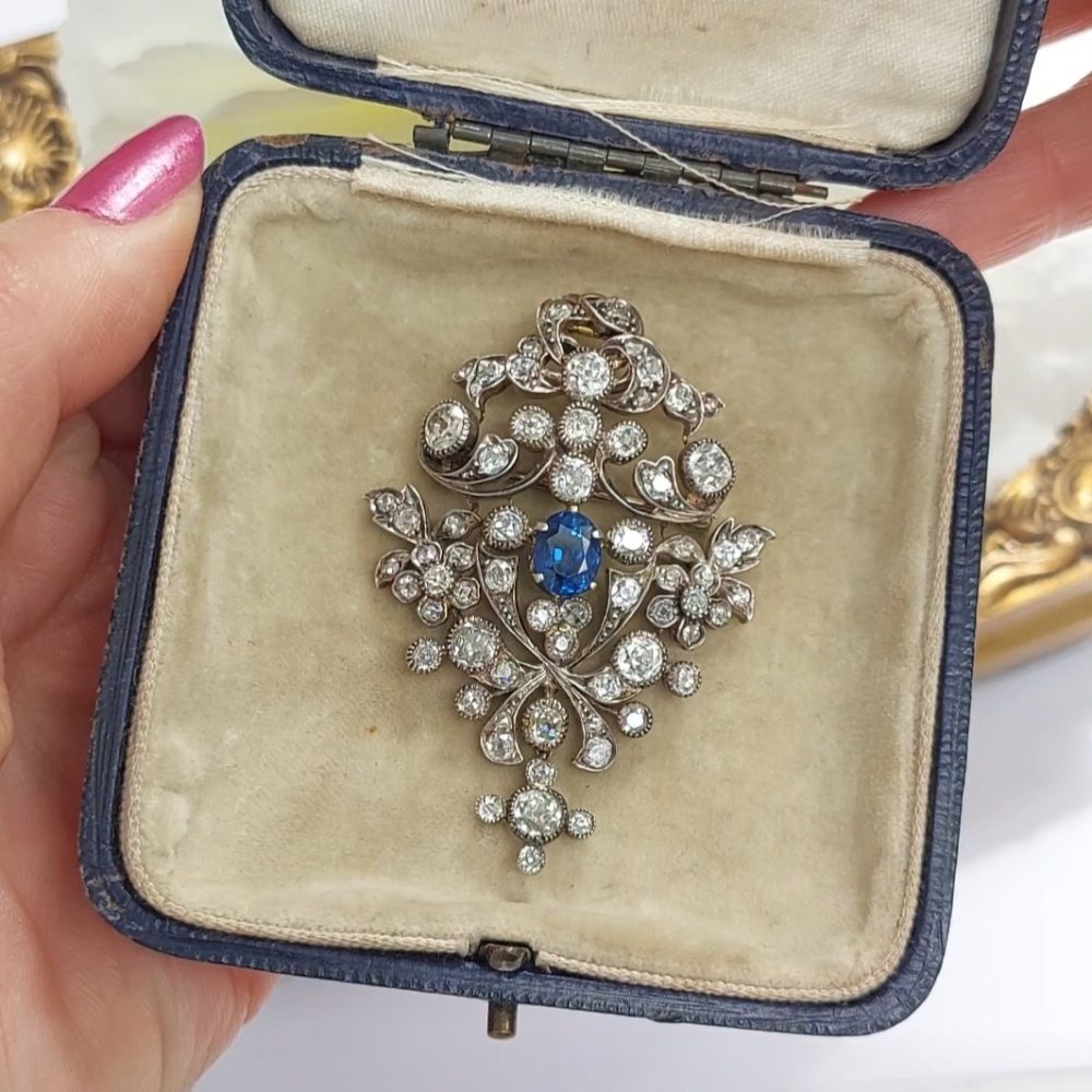 Victorian Antique Old Cut Diamond and Sapphire Brooch Pendant, 8cts