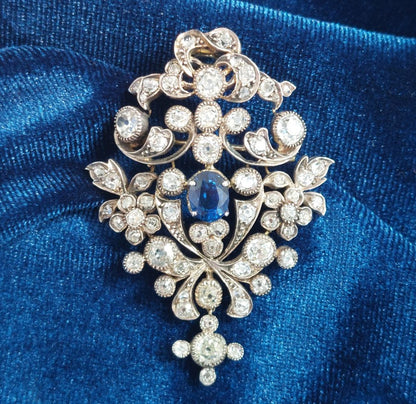 Victorian Antique Diamond and Sapphire Brooch Pendant, 8cts