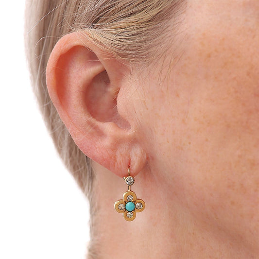 Victorian Antique Old Cut Diamond and Turquoise Quatrefoil Cluster Drop Earrings