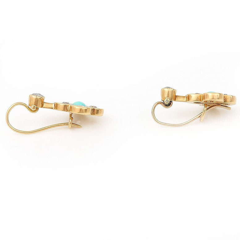 Victorian Antique Cabochon Turquoise and Old Cut Diamond Quatrefoil Cluster Drop Earrings in 18ct Yellow Gold