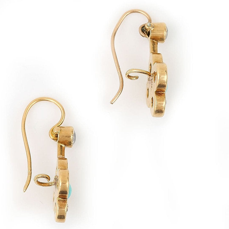 Victorian Antique Cabochon Turquoise and Old Cut Diamond Quatrefoil Cluster Drop Earrings in 18ct Yellow Gold