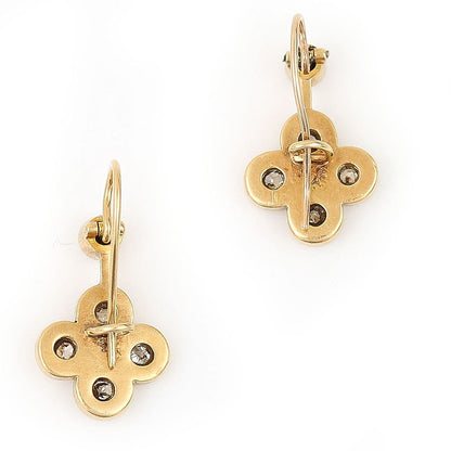 Antique Victorian Cabochon Turquoise and Old Cut Diamond Quatrefoil Cluster Drop Earrings in 18ct Yellow Gold