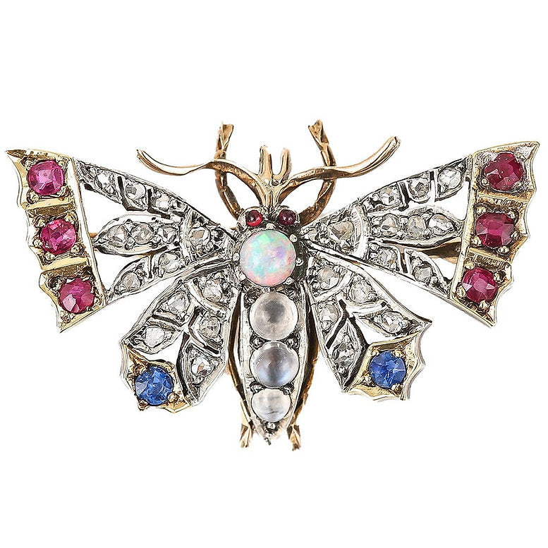 Victorian Antique Opal Moonstone Ruby Sapphire Diamond Butterfly Brooch