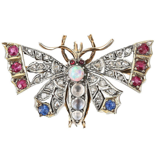Victorian Antique Opal Moonstone Ruby Sapphire Diamond Butterfly Brooch