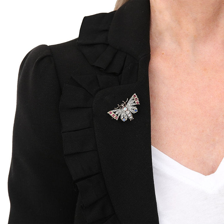 Victorian Antique Opal Moonstone Ruby Sapphire Diamond Butterfly Brooch