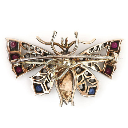 Victorian Antique Opal Moonstone Ruby Sapphire Diamond Butterfly Brooch