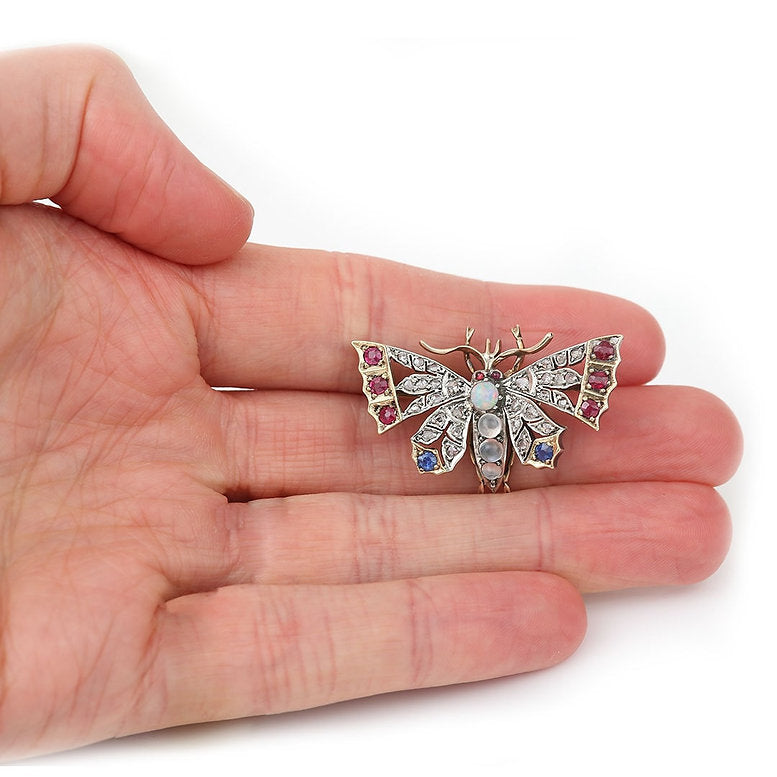 Victorian Antique Opal Moonstone Ruby Sapphire Diamond Butterfly Brooch