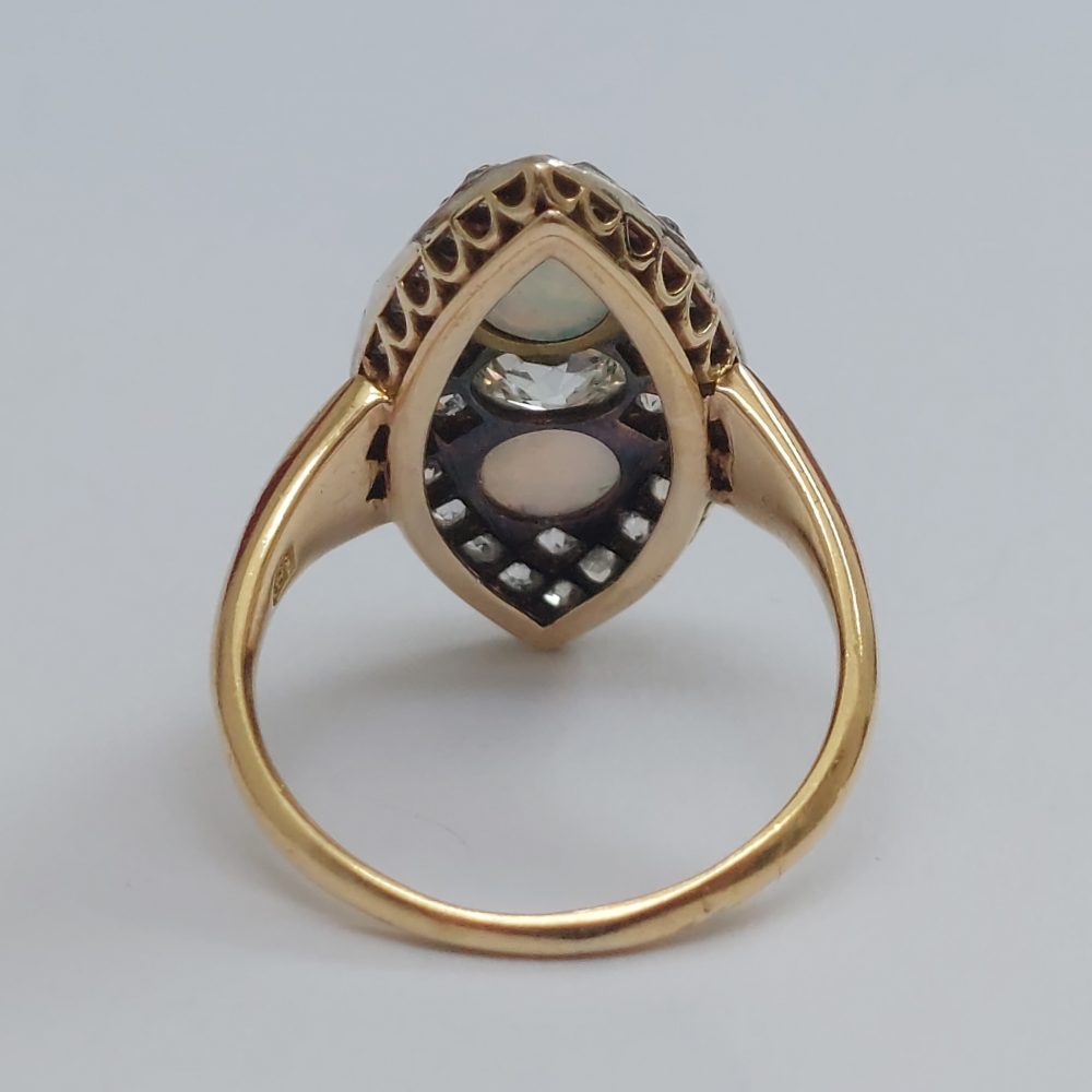 Victorian Antique Opal and Diamond Marquise Shaped Ring