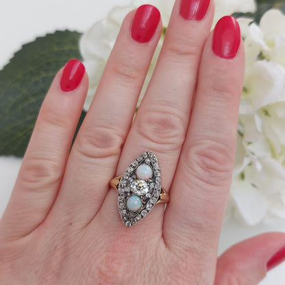 Victorian Antique Opal and Diamond Marquise Shaped Ring