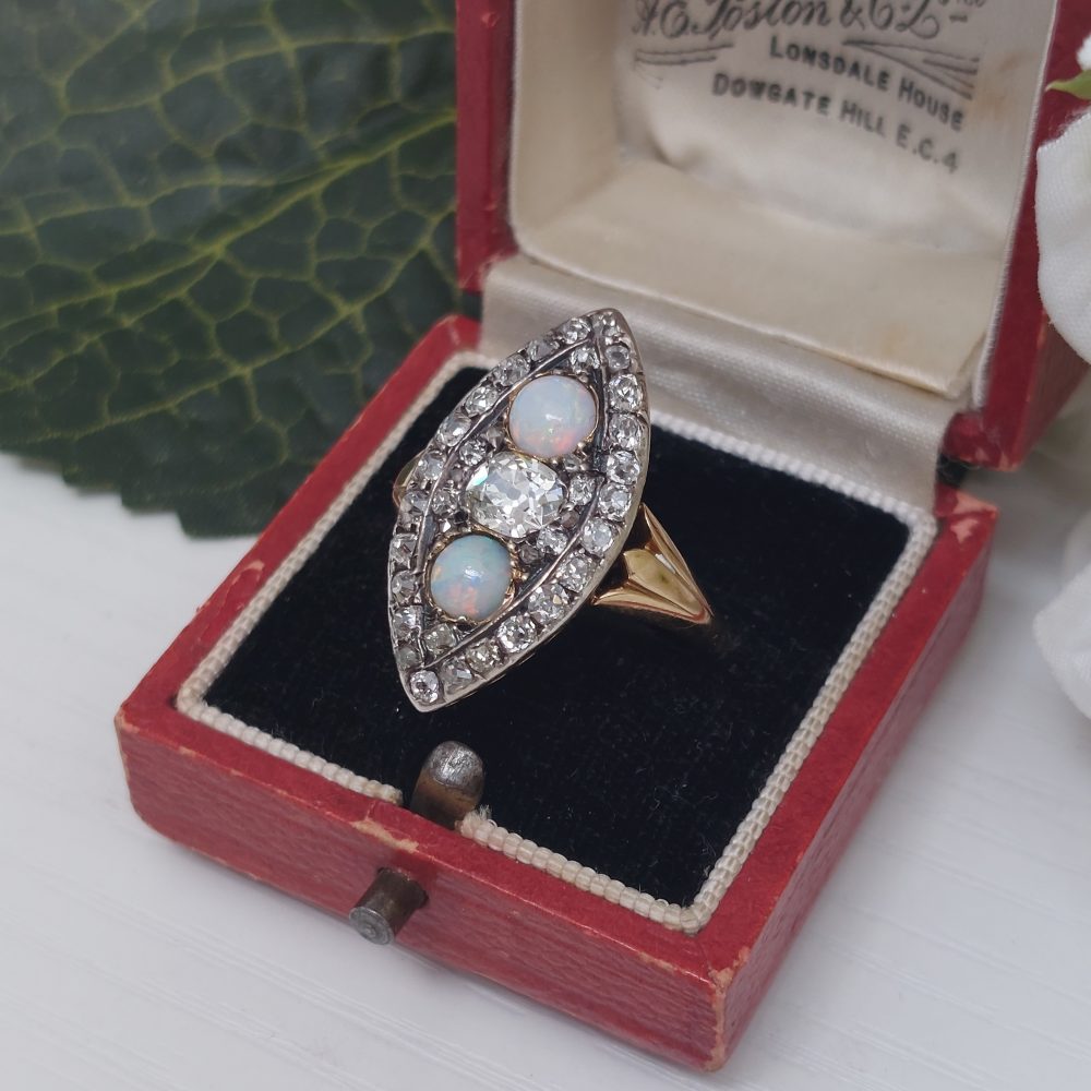 Victorian Antique Opal and Diamond Marquise Shaped Ring