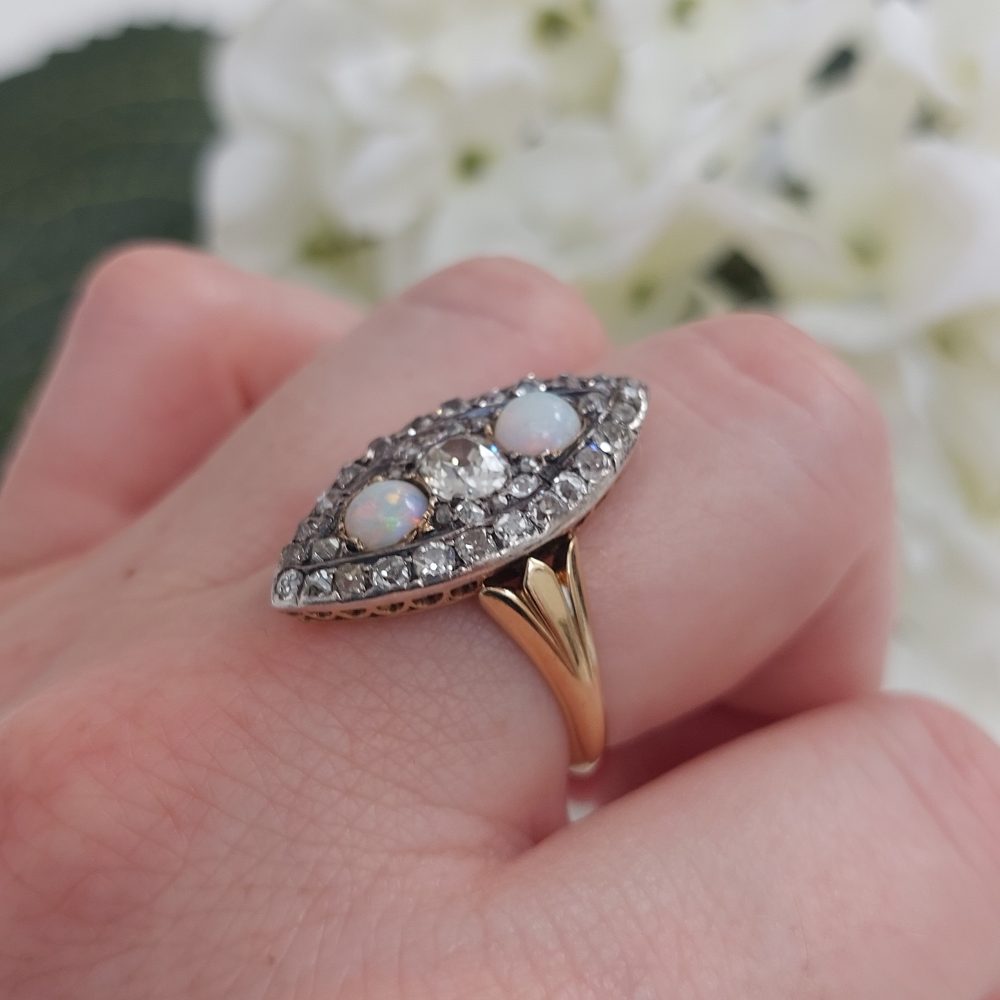 Victorian Antique Opal and Diamond Marquise Shaped Ring