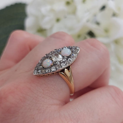 Victorian Antique Opal and Diamond Marquise Shaped Ring
