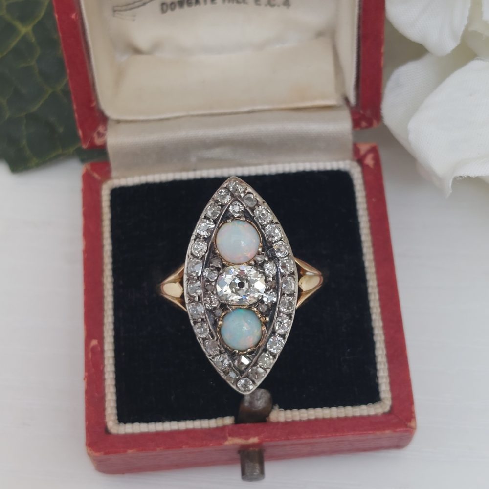 Victorian Antique Opal and Diamond Marquise Shaped Ring