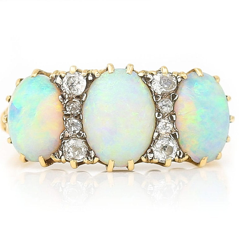 Victorian Antique Opal and Diamond Three Stone Gypsy Ring