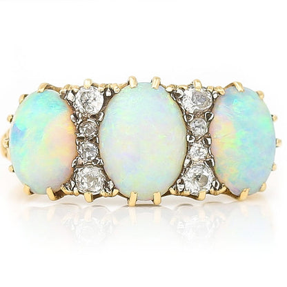 Victorian Antique Opal and Diamond Three Stone Gypsy Ring
