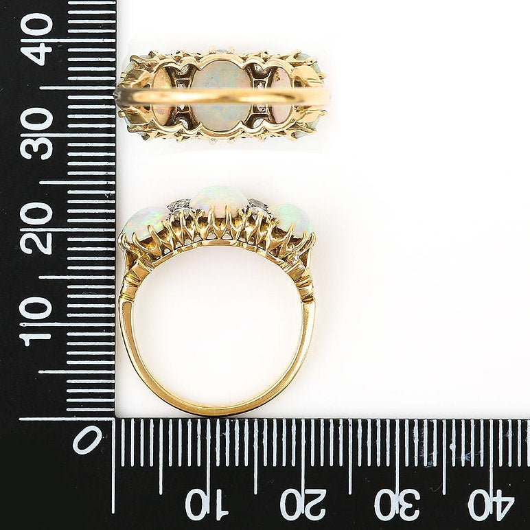 Victorian Antique Opal and Diamond Three Stone Gypsy Ring