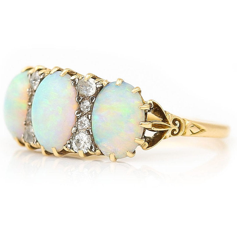Victorian Antique Opal and Diamond Three Stone Gypsy Ring