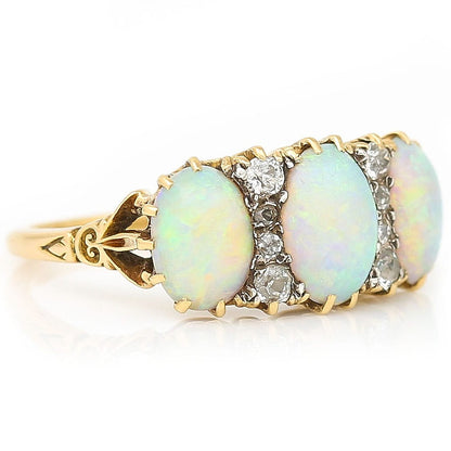 Victorian Antique Opal and Diamond Three Stone Gypsy Ring