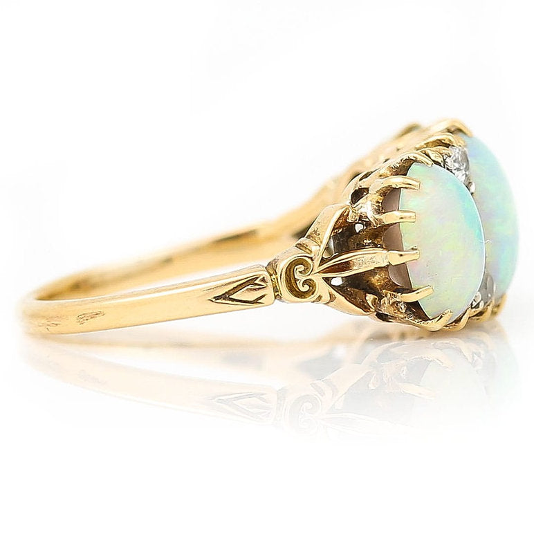 Victorian Antique Opal and Diamond Three Stone Gypsy Ring