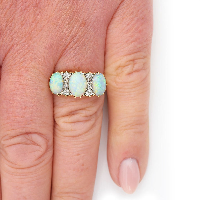 Victorian Antique Opal and Diamond Three Stone Gypsy Ring