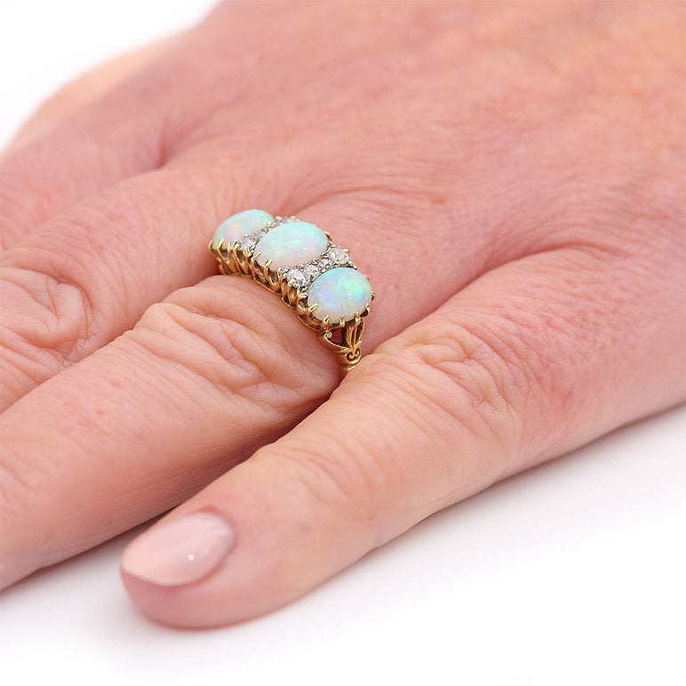 Victorian Antique Opal and Diamond Three Stone Ring