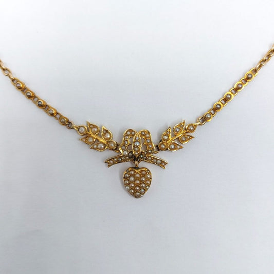Victorian Antique Pearl Set Heart Necklace