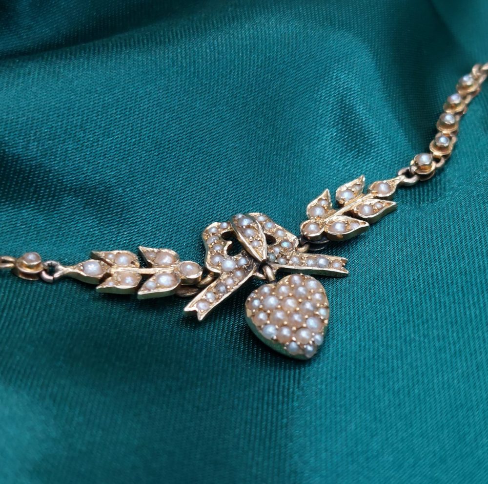 Victorian Antique Pearl Set Heart Necklace