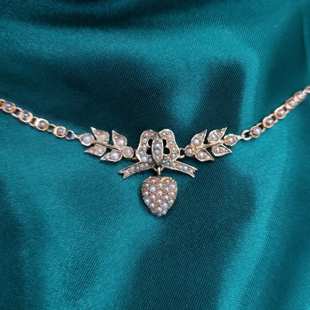 Victorian Antique Pearl Set Heart Necklace