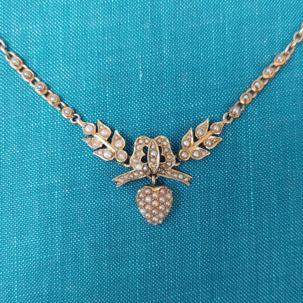 Victorian Antique Pearl Set Heart Necklace