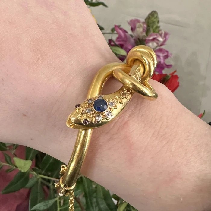Victorian Antique Sapphire Diamond Ruby and Gold Snake Bangle